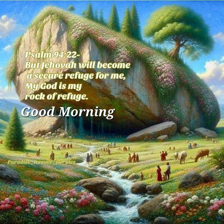 a painting with the words good morning written on it and people walking in front of a mountain