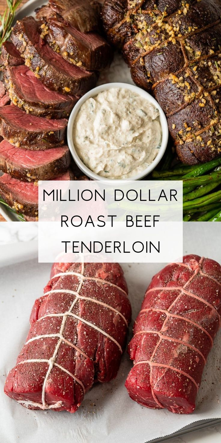 sliced steaks, potatoes and other meat on a plate with the words million dollar roast beef tenderloin