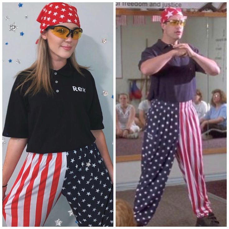 two people dressed in patriotic clothing and one wearing an american flag bandana