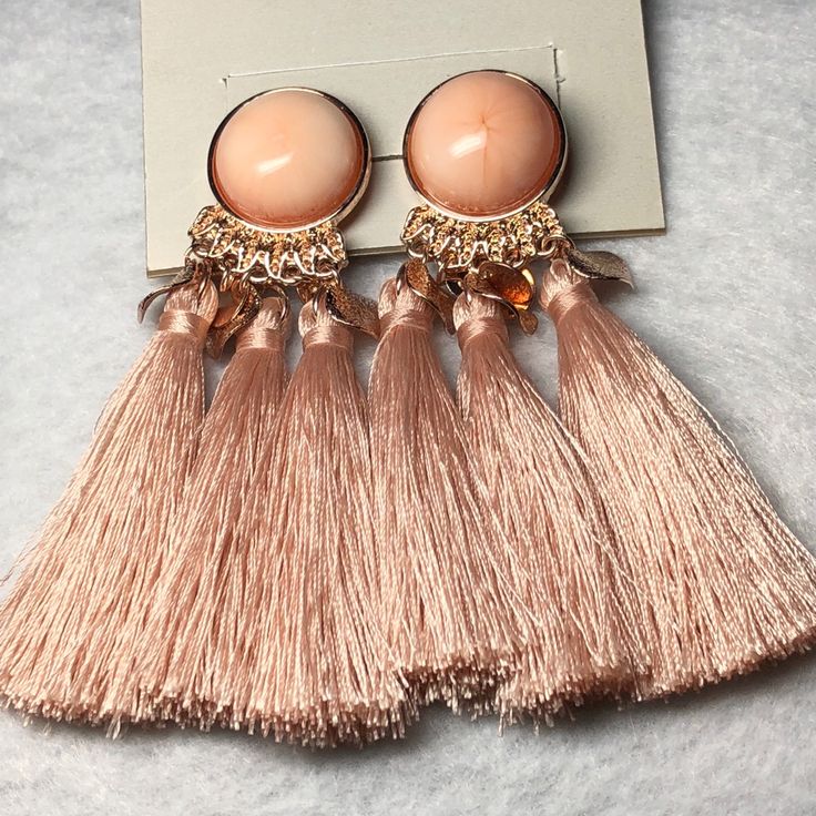 Stunning Triple Tassel Earrings With Pink Cabochon New Still On Card Pink Tassel Earrings, Wedding Hoop, Earrings Ideas, Statement Accessories, Vintage Jewelry Necklace, Pink Tassel, Earrings Studs, Silver Engagement Rings, Lovely Necklace