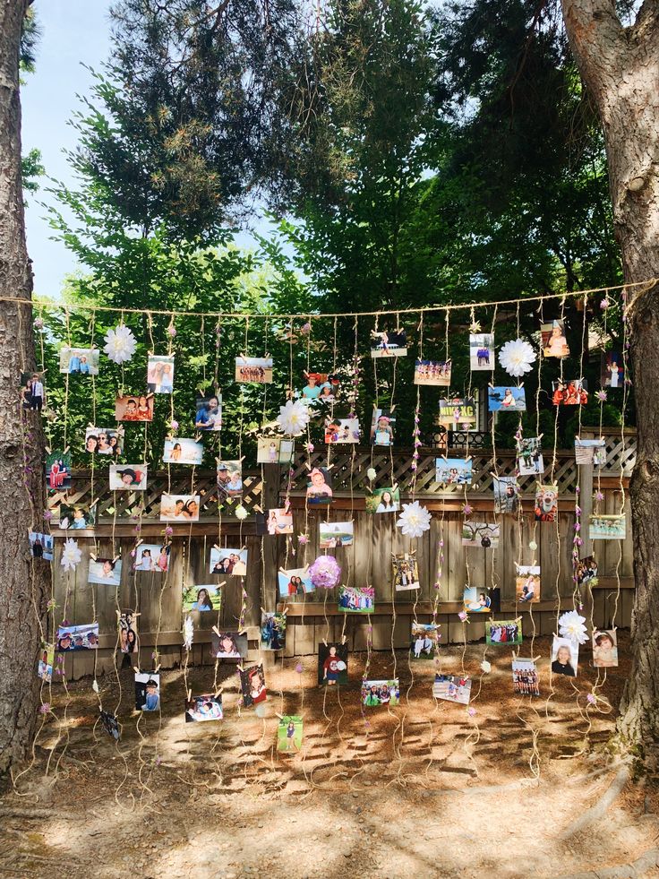 many pictures are hanging on a rope in the woods with trees around them and cards attached to it