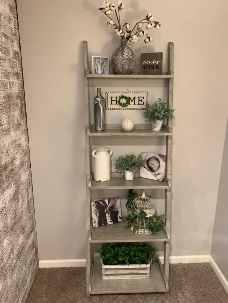 a shelf with plants and pictures on it in the corner of a room next to a wall