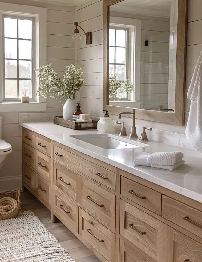 a bathroom with two sinks and mirrors on the wall next to a toilet in front of a window