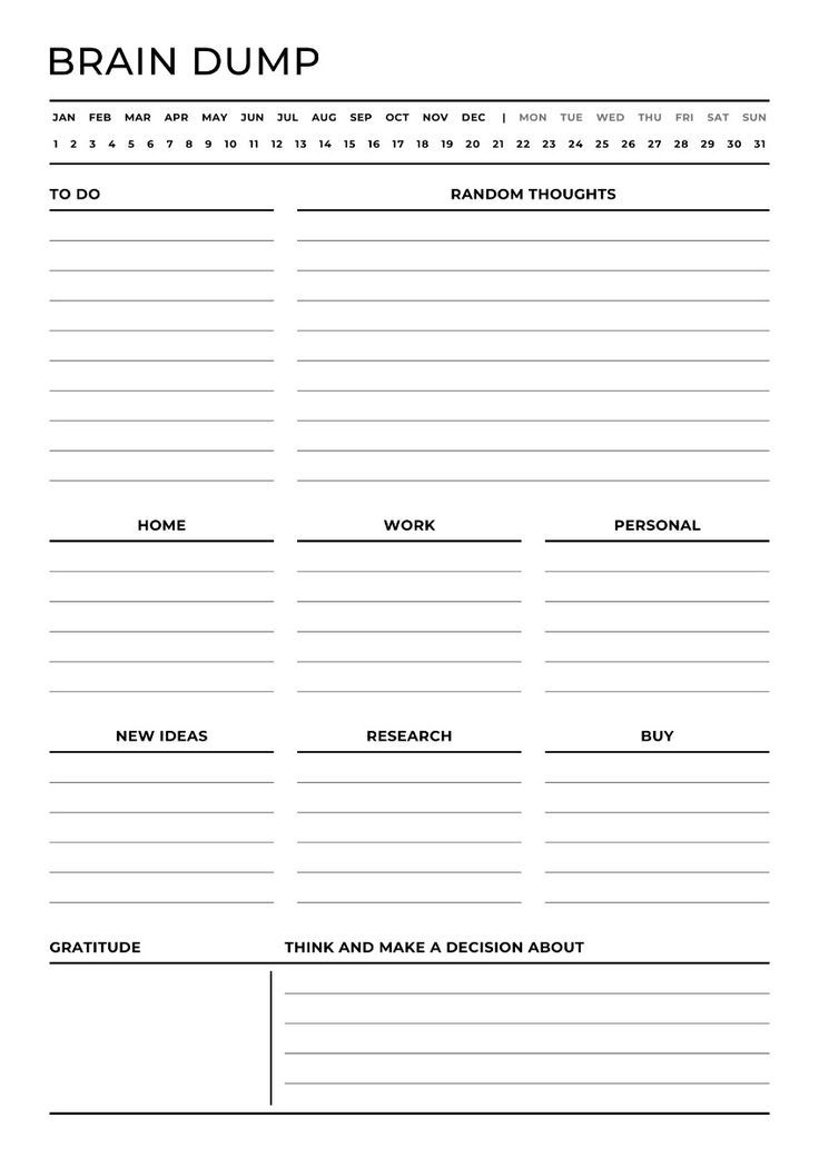 the brain dump worksheet is shown in black and white, with text on it