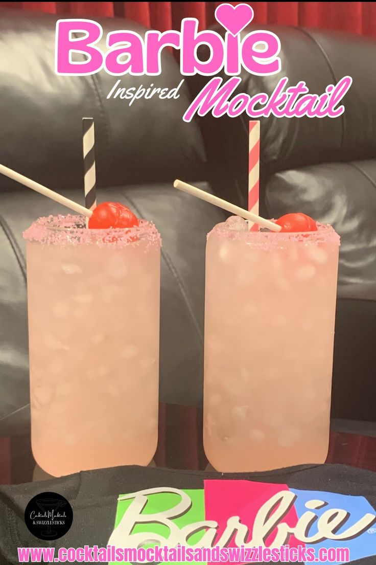 this image shows two pink drinks with pink rims with a pink and black striped straw with a pink lollipop garnish. There is a barbie shirt in front of them and a home theater background. Barbie Games To Play, Mocktail Party, Themed Cocktails, Screen Play, Movie Night Food, Barbie Party Decorations, Barbie Games, Disney Dinner, Barbie Kids