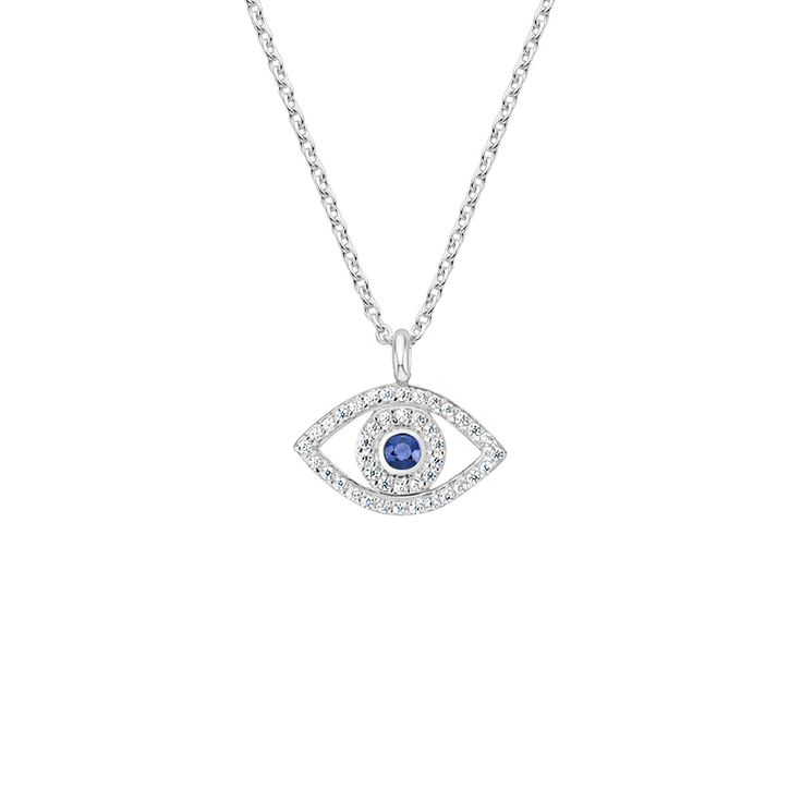 Evil Eye Sapphire and Diamond Pendant - Silver. An ancient symbol of protection, this delightfully chic pendant sparkles diamonds in the form of an evil eye with a sapphire in the center. Stylish and symbolic, this design is perfect on its own or easily matched with other necklaces (1/8 total carat weight). Silver Diamond Evil Eye Necklaces, Silver Evil Eye Diamond Necklace, Silver Diamond Necklace With Evil Eye Detail, Symbolic Diamond Jewelry With Gemstones, Fine Jewelry White Gold Evil Eye Jewelry, Fine Jewelry Evil Eye In White Gold, Fine Jewelry With Evil Eye In White Gold, Luxury Diamond Jewelry With Evil Eye Detail, Fine Jewelry White Gold Evil Eye