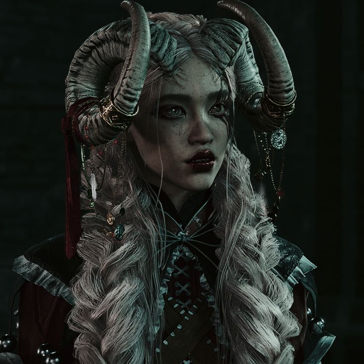 a woman with long white hair and horns on her head