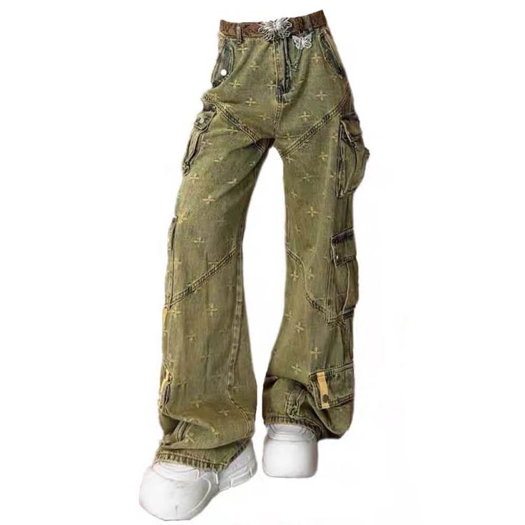 khaki green cargo pants boogzel clothing Military Wide Leg Cargo Bottoms, Military Style Wide Leg Cargo Bottoms, Military Cargo Style Wide Leg Bottoms, Green Wide Leg Parachute Pants With Patch Pockets, Green Utility Jeans With Belt Loops, Green Full-length Cargo Jeans With Patch Pockets, Baggy Khaki Cargo Pants With Cargo Pockets, Olive High Waist Utility Bottoms, Olive Wide Leg Cargo Pants With Pockets