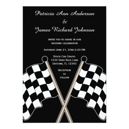 a black and white checkered flag wedding card with two crossed flags on the front