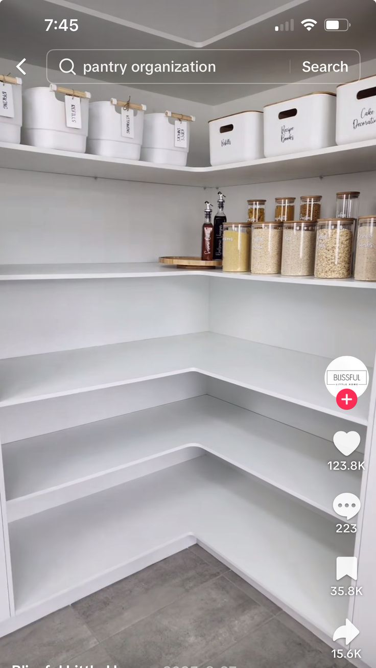 the shelves in this pantry are labeled with labels