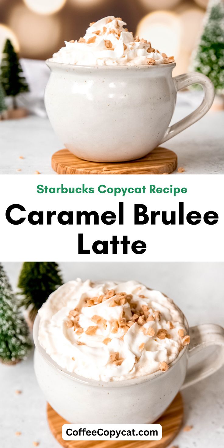 caramel brulee latte with whipped cream in a white mug on a wooden board