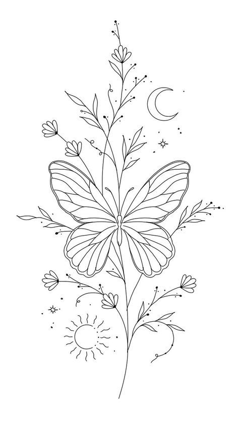 a butterfly sitting on top of a flower next to the moon and stars in the sky