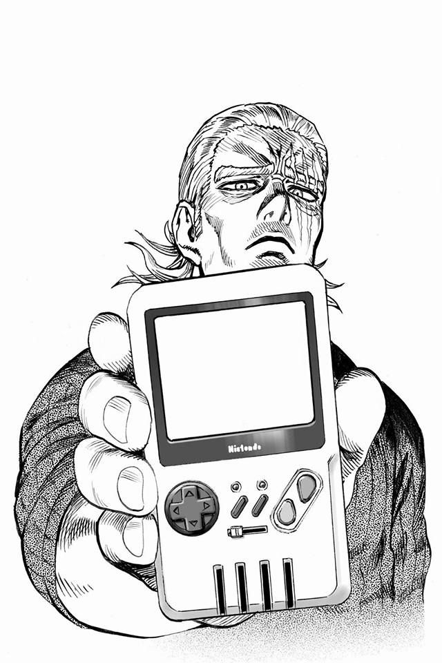 a drawing of a man holding an old nintendo gameboy