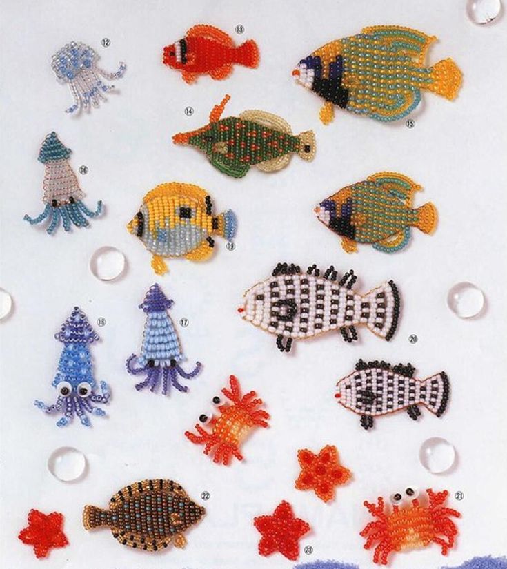 an assortment of beaded fish and sea creatures