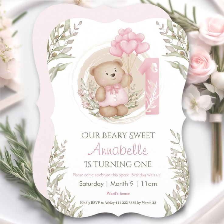 First Birthday Cute Teddy Bear with pink heart balloons, big number one and greenery Invitation for 1st Birthday of beary cute baby girl :). Fully editable template invitation. Matching items are available in my store. Pink Heart Balloons, Teddy Bear Birthday Invitations, Pink Invitation, Balloon Invitation, Baby Birthday Decorations, Teddy Bear Birthday, Birthday Cute, Bear Invitations, 2nd Birthday Invitations