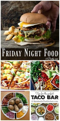 the flyer for friday night food is shown with pictures of different types of food and drinks