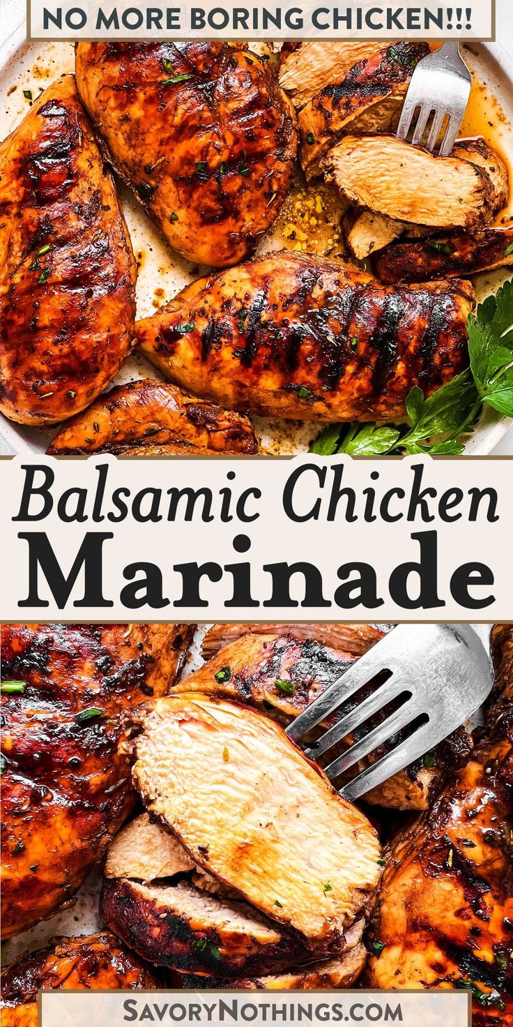 balsamic chicken marinade on a plate with a fork