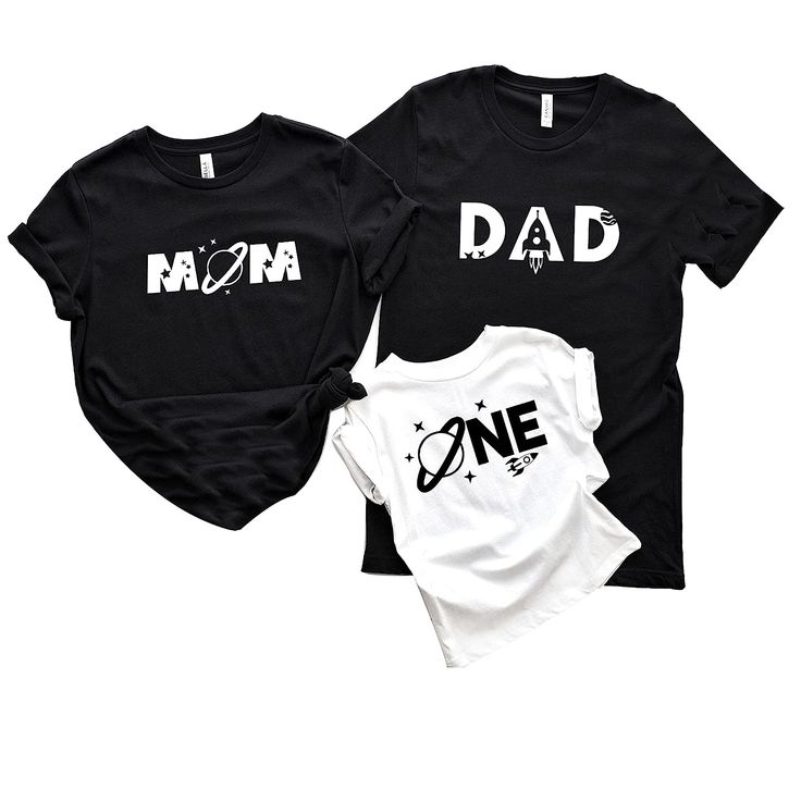 two shirts with the words mom and dad printed on them, one is black and white