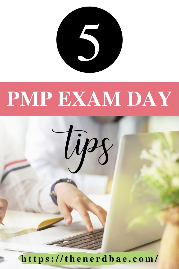 a woman working on her laptop with the text 5 pmp exam day tips written below