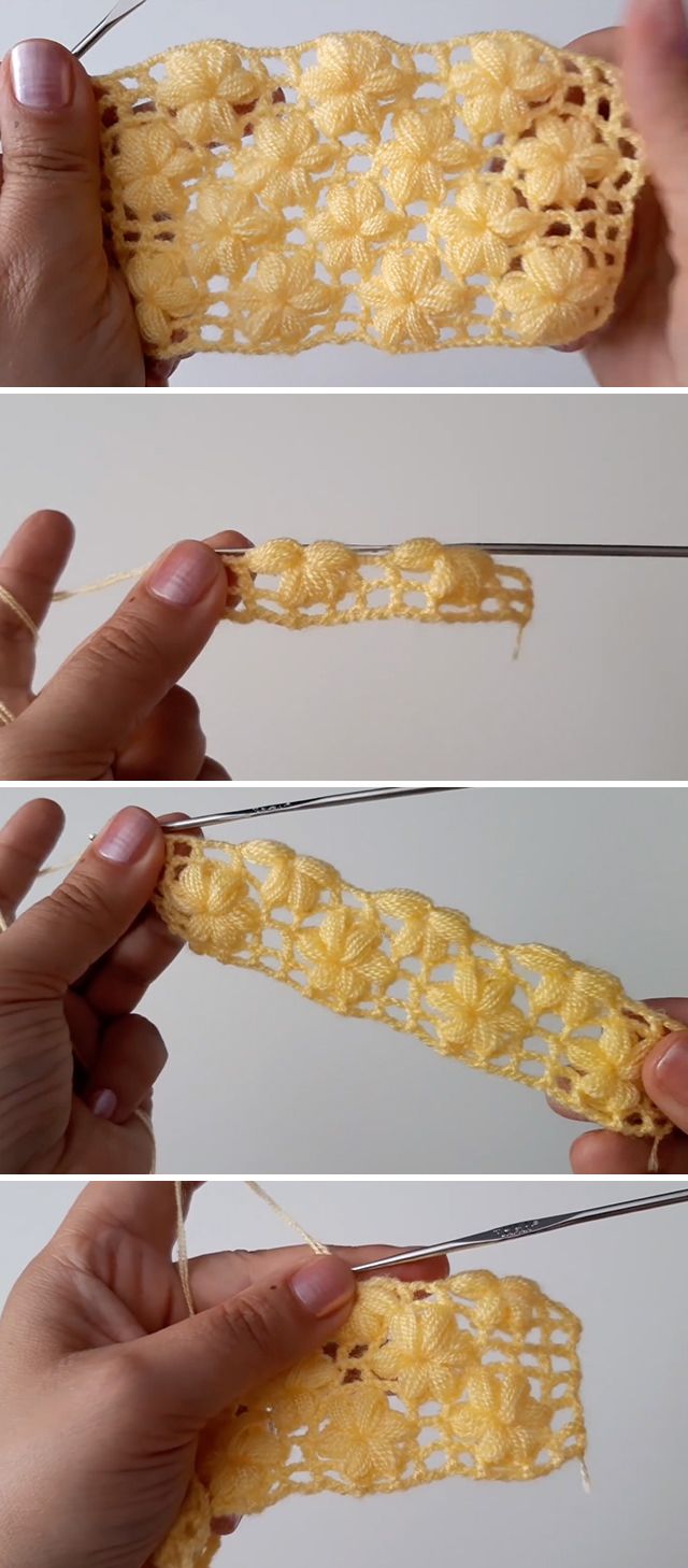 three pictures showing how to crochet the flower