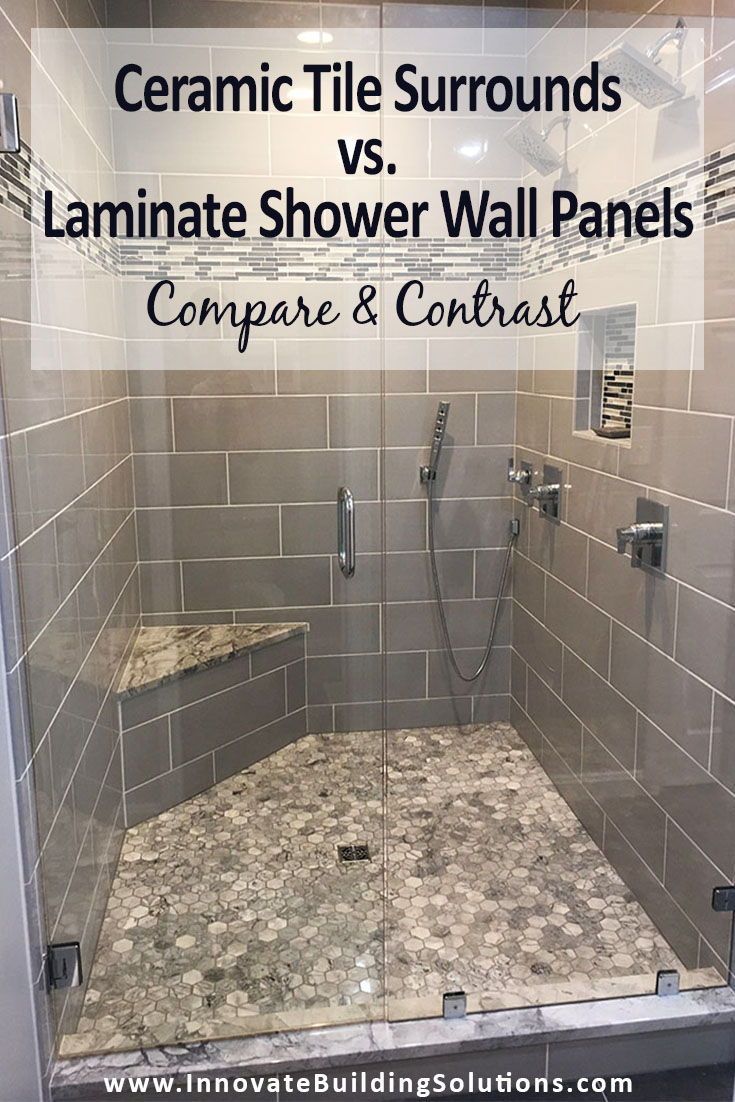 a walk in shower with granite tile surround and glass doors that have the words ceramic tile surrounds vs laminate shower wall panels compare & contrast