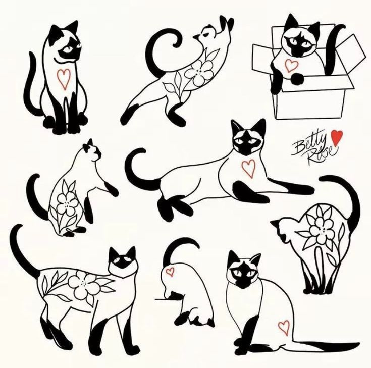 black and white drawing of cats with hearts on their chestes, one in the shape of a heart