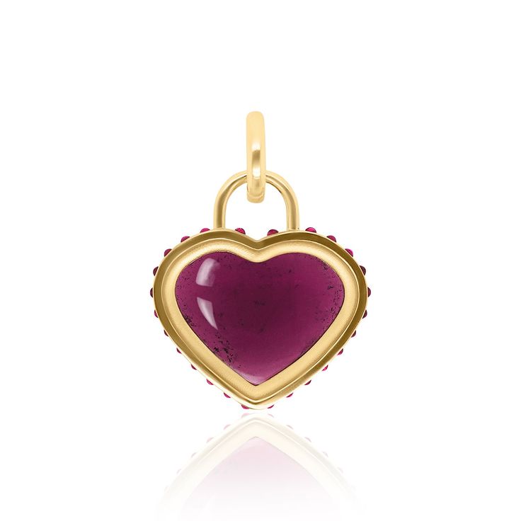 Purple tourmaline 23 ctw & ruby .52 ctw Handcrafted in 14k yellow gold Chain not included, 8mm push clasp Purple Tourmaline, Yellow Gold Chain, Letter Charms, Charm Earrings, Jewelry Trends, Ring Necklace, Heart Pendant, Gold Chains, Gold Chain