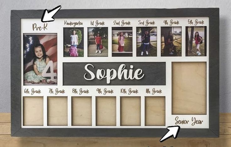 a family photo frame with the words sophiie and pictures in it on top of a wooden table