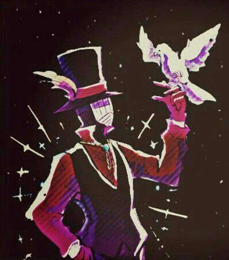 a man in a top hat and vest holding a bird above his head with stars on the background