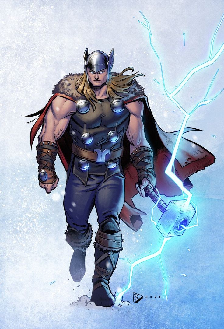 a man dressed as thor stands in the snow holding a hammer and lightning bolt with his right hand