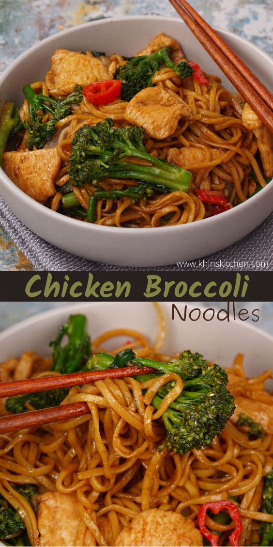 two pictures of chicken and broccoli noodles with chopsticks in the bowl