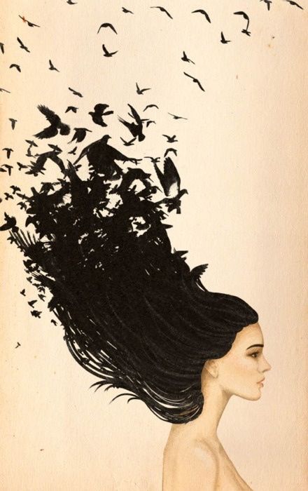 a drawing of a woman with birds flying over her head