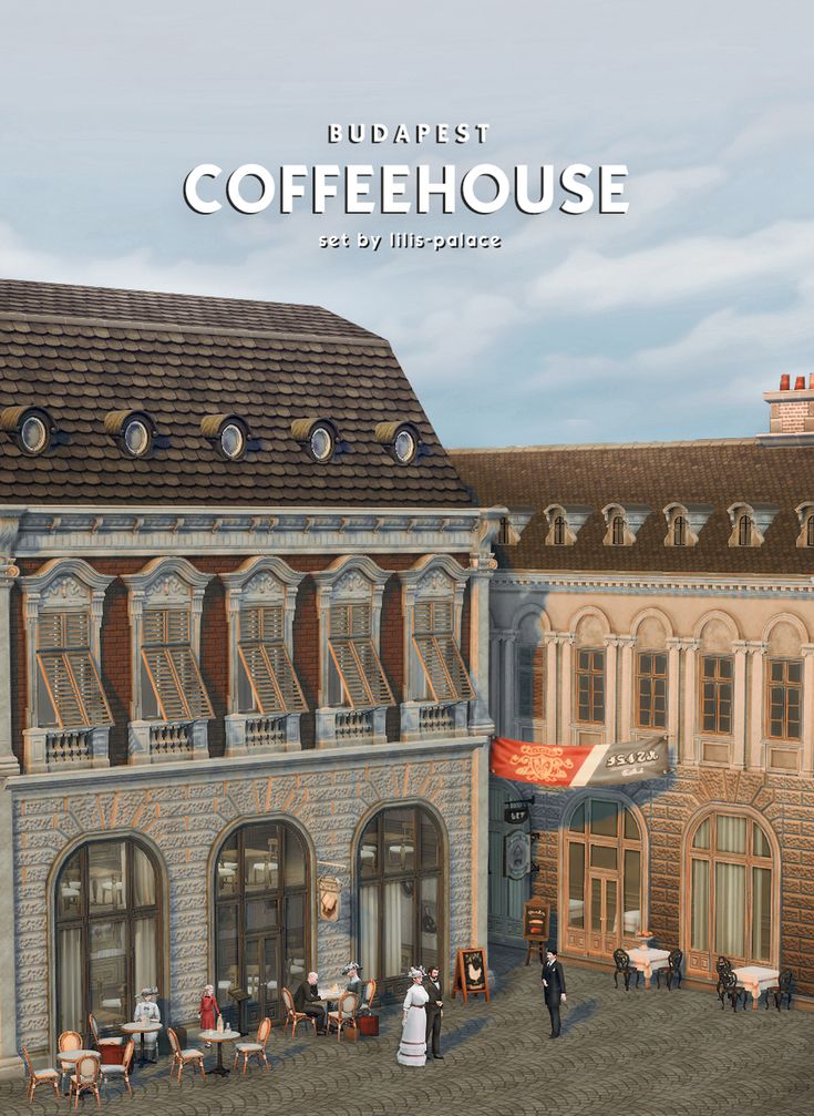 an image of a coffee house with people walking around it and on the sidewalk in front