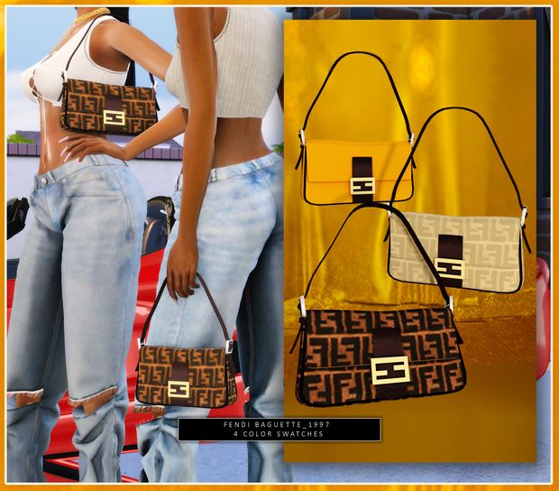 two women with matching purses in front of a yellow background and an advertisement for fendi's