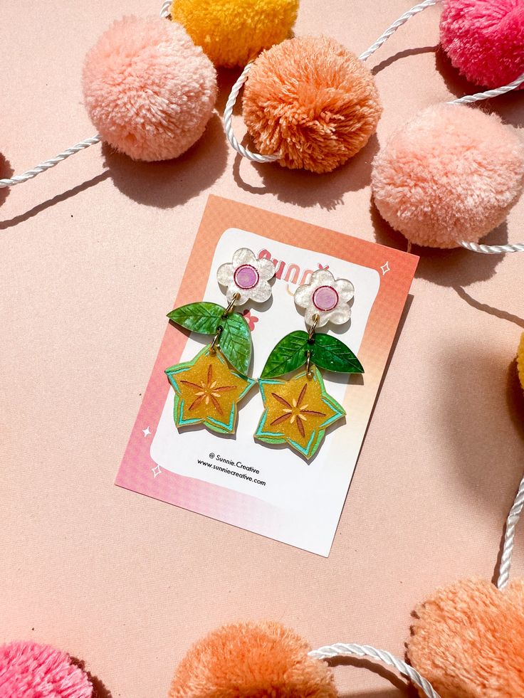 Starfruit Dangle – Sunnie Creative Colorful Flower Earrings For Summer, Unique Flower Earrings For Summer, Vibrant Orange Summer Earrings, Multicolor Fruit Design Earrings For Gift, Playful Yellow Earrings For Summer, Playful Flower Earrings For Summer, Unique Yellow Earrings For Summer, Unique Yellow Summer Earrings, Playful Yellow Summer Earrings