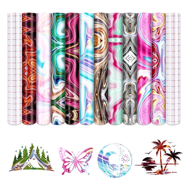 an assortment of different colored papers with designs on them