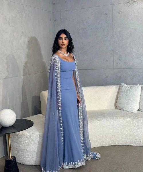 Dresses With Cape Sleeves, Prom Dresses Long Mermaid, Floor Length Prom Dresses, Blue Evening Dresses, Blue Mermaid, Cape Sleeves, فستان سهرة, Crystal Blue, Cape Dress