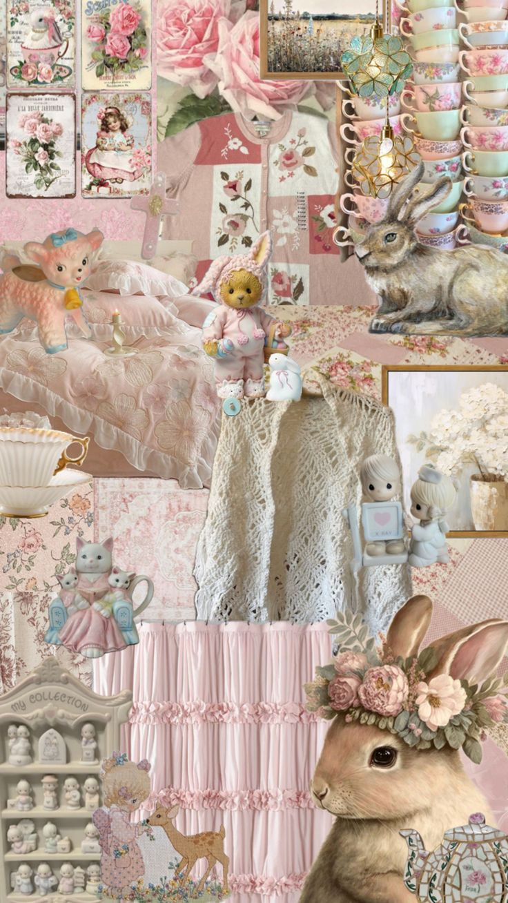 a collage of pink and white pictures, including a bunny with flowers on its head