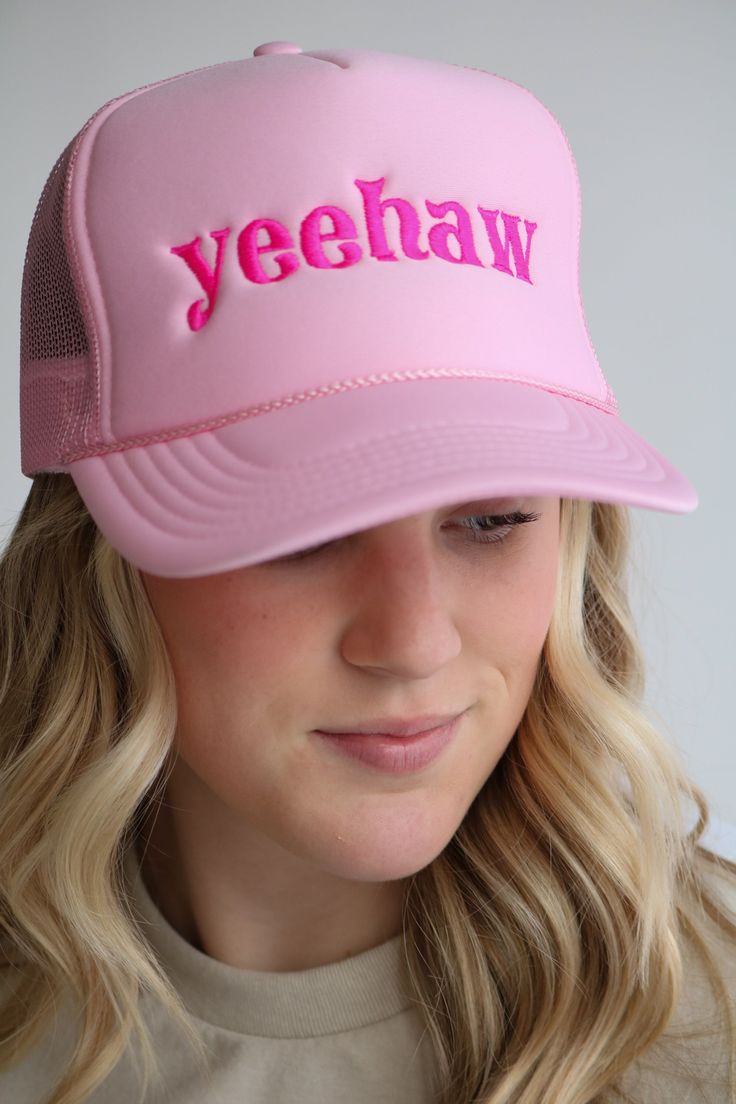 Adjustable mesh back PINK trucker hat Soft pink hat with hot pink embroidered "yeehaw" Such a fun piece to add to any outfit, dress it up or dress it down! Cute Pink Baseball Cap For Summer, Cute Pink Summer Baseball Cap, Pink Snapback Hat With Curved Brim For Summer, Pink Trucker Snapback Hat For Spring, Pink Trucker Hat With Curved Brim For Festivals, Pink Curved Brim Snapback Hat For Summer, Pink Summer Trucker Baseball Cap, Pink Novelty Trucker Hat Adjustable, Pink Novelty Trucker Hat For Spring