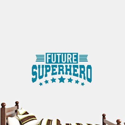 a wall decal with the words future superhero in blue and white on top of a bed