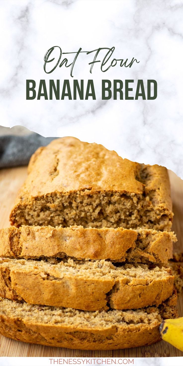 sliced banana bread on a cutting board with text overlay