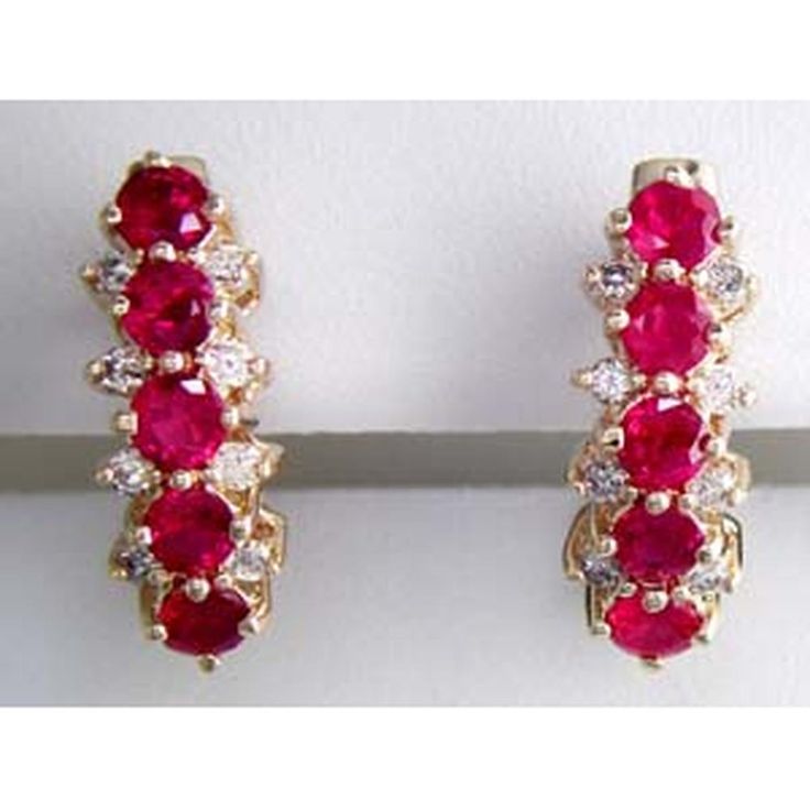 Royal 14K Yellow Gold Ruby & Diamond Earrings - 2.20 Carat Ruby, 0.37 Carat Diamond Total Classic Red Diamond Earrings With Brilliant Cut, Classic Red Diamond Earrings With Accents, Exquisite Red Round Earrings, Exquisite Red Earrings, Red Round Diamond Earrings For Formal Events, Classic Red Round Diamond Earrings, Red Ruby Earrings With Diamond Accents, Red Ruby Round Diamond Earrings, Red Gemstone Diamond Earrings