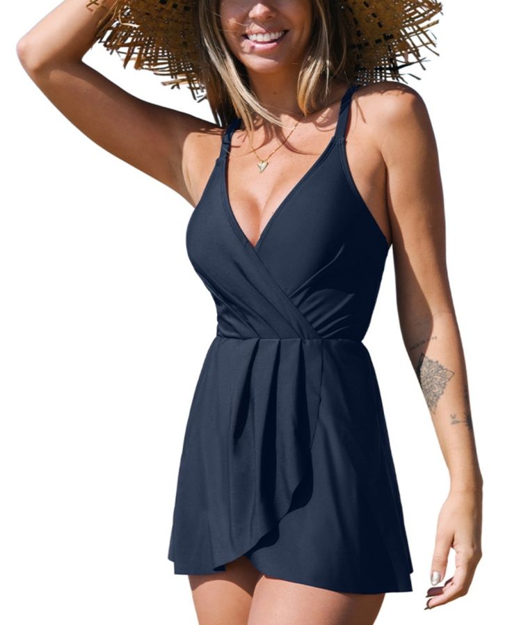 in stock Elegant Solid Mini Dress For Beach, Elegant Solid Color Mini Dress For Beach, Blue One-piece Dress For Party, Blue One-piece Party Dress, Elegant Beach Mini Dress, Casual Blue One-piece Dress, Solid One-piece Dress For Vacation, Chic Blue Dress For Poolside, Chic Blue Poolside Dress