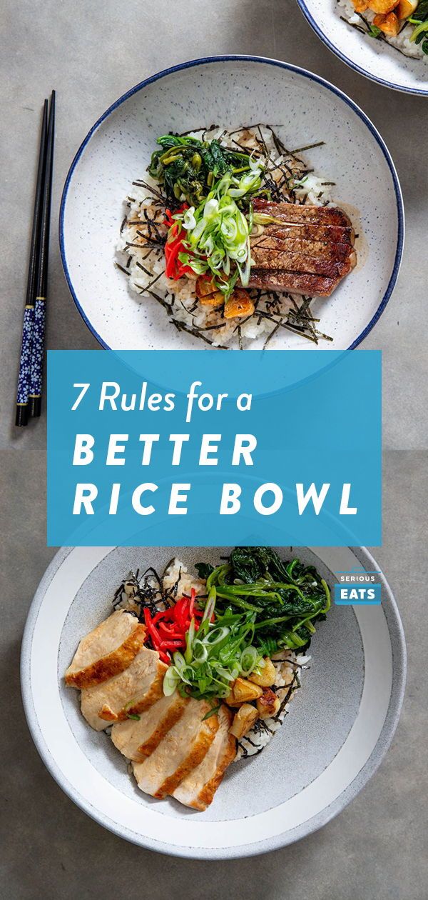 two plates with different types of food on them and the words 7 rules for a better rice bowl