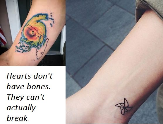 two pictures one with a tattoo and the other has a quote on it that says hearts don't have bones they can't actually break