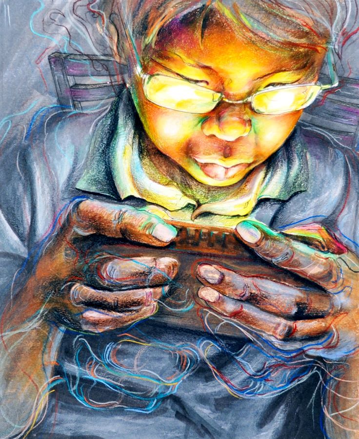 a drawing of a person holding a cell phone in their hands and looking at the screen