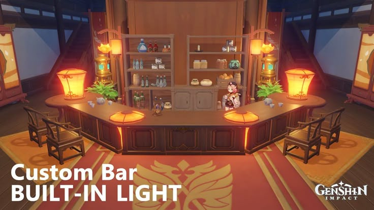 an animated image of a bar in the middle of a room with lights on it