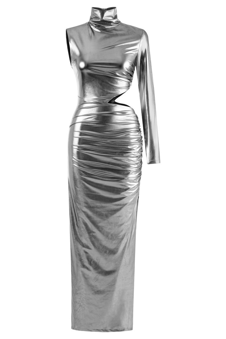 Metal Silver Dress, Metalic Dresses Long, Chrome Dress, Silver Clothes, 2nd Semester, Metallic Fashion, Silver Dresses, Silver Metallic Dress, Swag Fashion