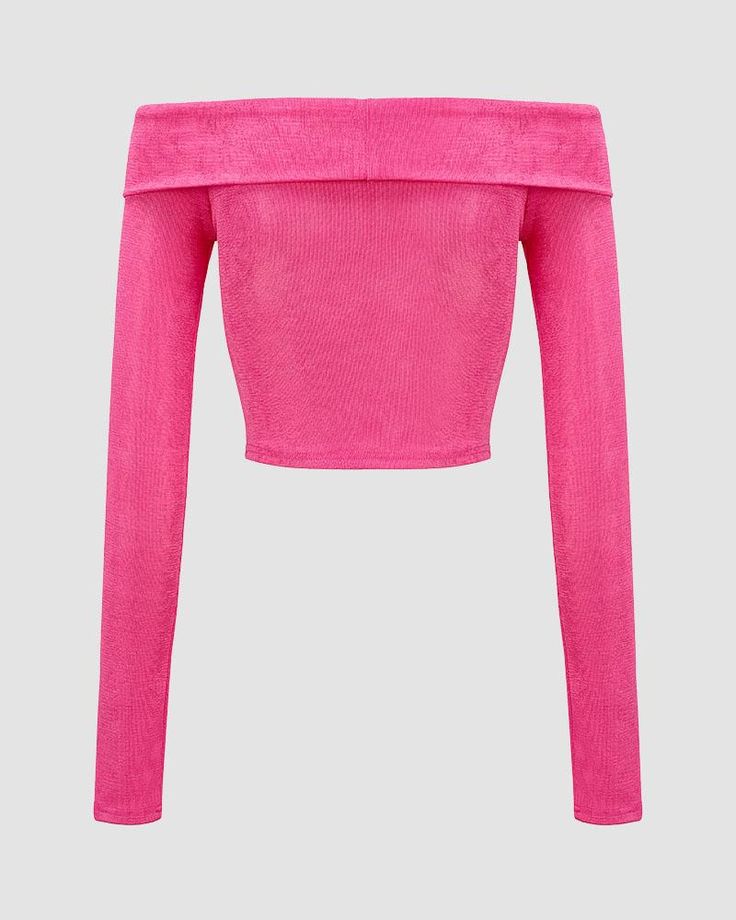 Details: Long-sleeve off-shoulder topTop Length: CroppedSleeve Length: Long SleevesMaterials:95% Polyester + 5% Spandex Pink Stretch Off-shoulder Crop Top, Casual Stretch Off-shoulder Top For Party, Stretch Long Sleeve Top For Summer Party, Spring Fitted Off-shoulder Knit Top, Fitted Off-shoulder Knit Top, Pink Long Sleeve Off-shoulder Top For Spring, Stretch Long Sleeve Off-shoulder Top For Summer, Solid Color Off-shoulder Top For Party, Trendy Pink Fitted Off-shoulder Top