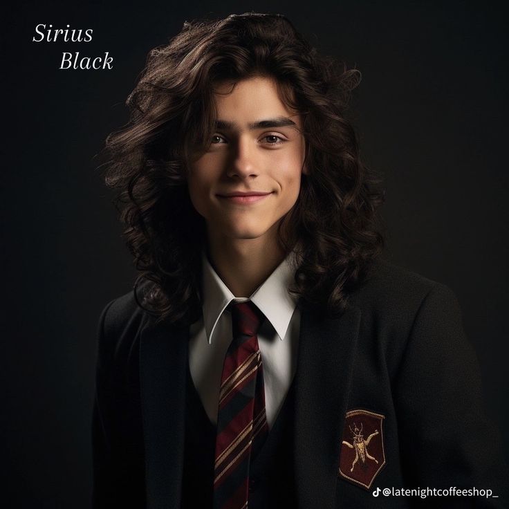 a young man with long hair wearing a harry potter uniform and smiling at the camera